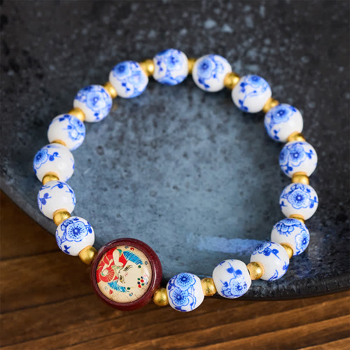 Buddha Stones Blue and White Porcelain Fox Wisdom Beads Bracelet - image 2