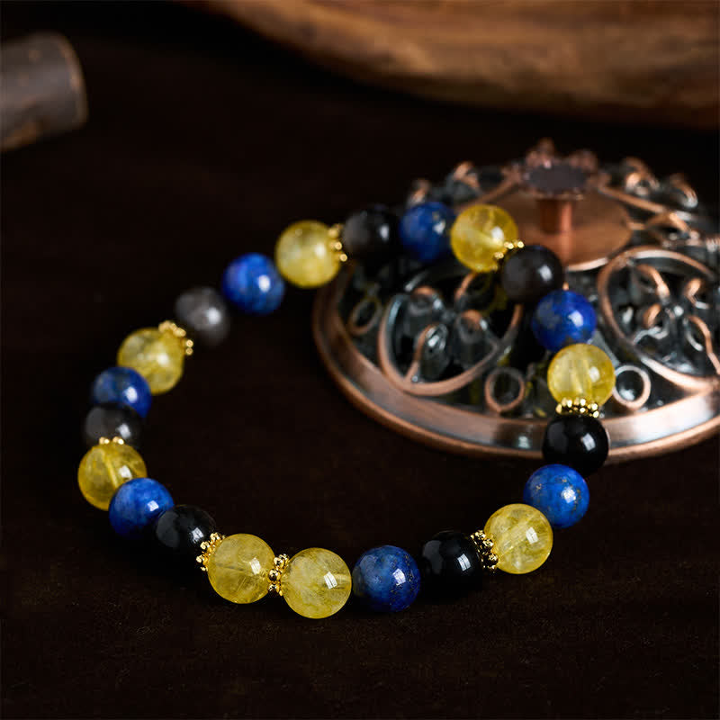 Buddha Stones Lapis Lazuli Silver Sheen Obsidian Citrine Beads Serenity Bracelet - image 1