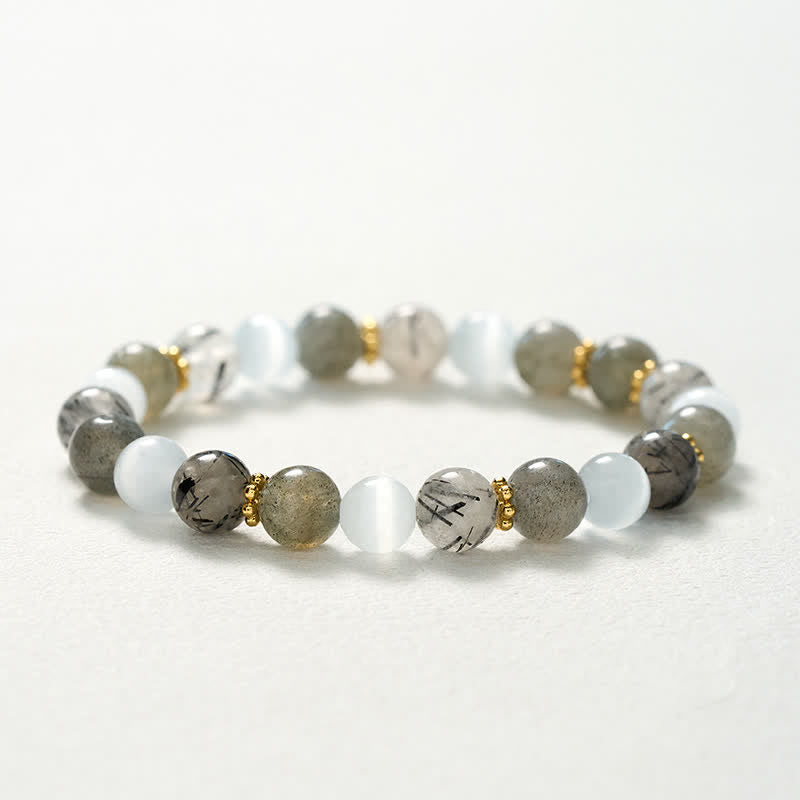 Buddha Stones White Cat's Eye Moonstone Black Rutilated Quartz Beads Abundance Bracelet - image 10
