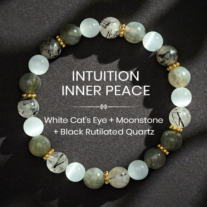 Buddha Stones White Cat's Eye Moonstone Black Rutilated Quartz Beads Abundance Bracelet - 8mm - image 0