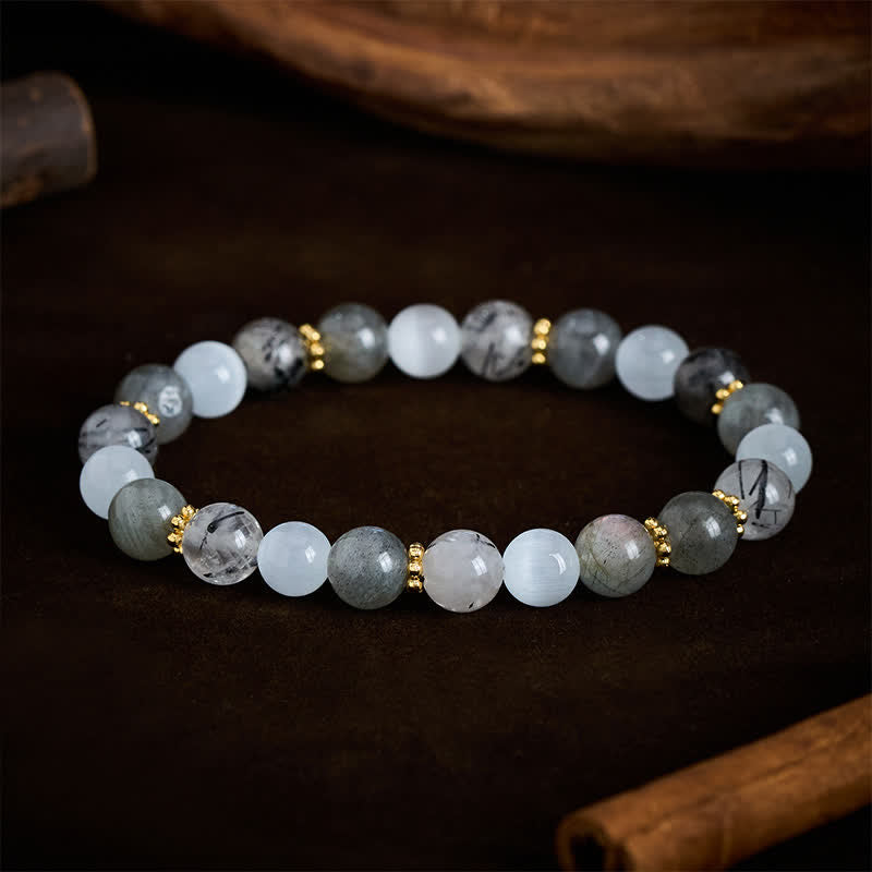 Buddha Stones White Cat's Eye Moonstone Black Rutilated Quartz Beads Abundance Bracelet - image 2