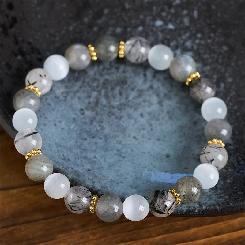 Buddha Stones White Cat's Eye Moonstone Black Rutilated Quartz Beads Abundance Bracelet - image 3