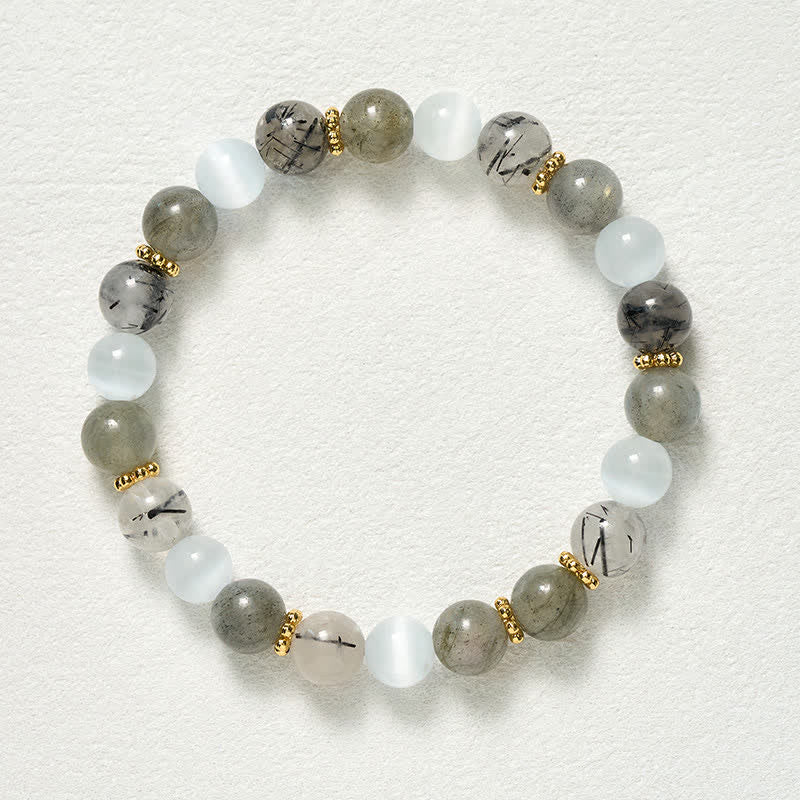 Buddha Stones White Cat's Eye Moonstone Black Rutilated Quartz Beads Abundance Bracelet - image 9