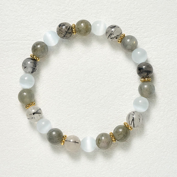Buddha Stones White Cat's Eye Moonstone Black Rutilated Quartz Beads Abundance Bracelet - image 9
