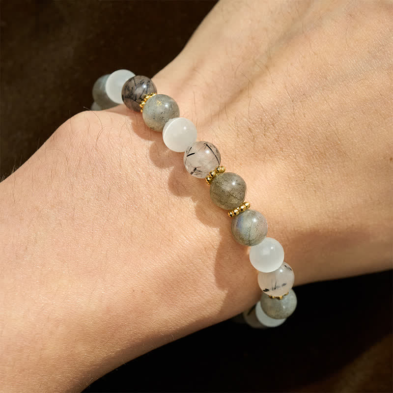 Buddha Stones White Cat's Eye Moonstone Black Rutilated Quartz Beads Abundance Bracelet - image 4