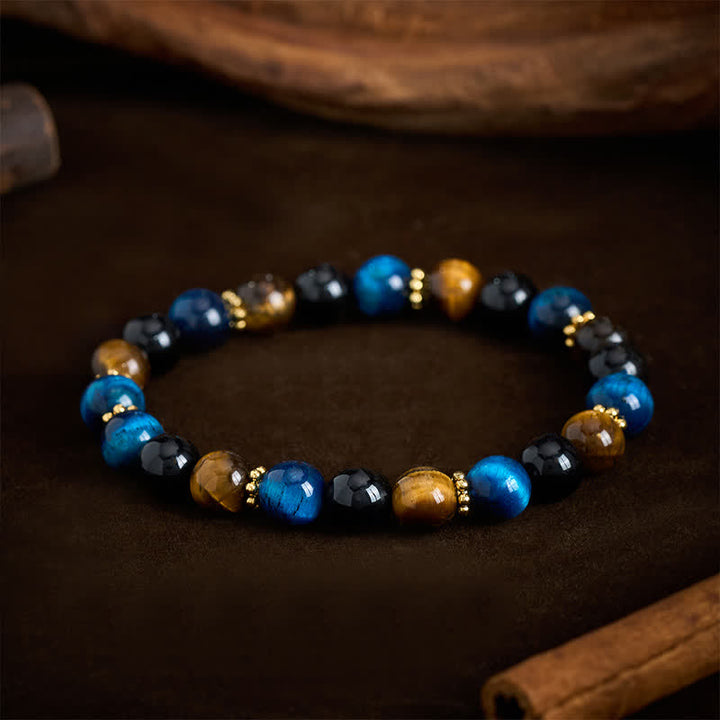 Buddha Stones Tiger Eye Blue Tiger's Eye Black Obsidian Beads Courage Bracelet - image 2