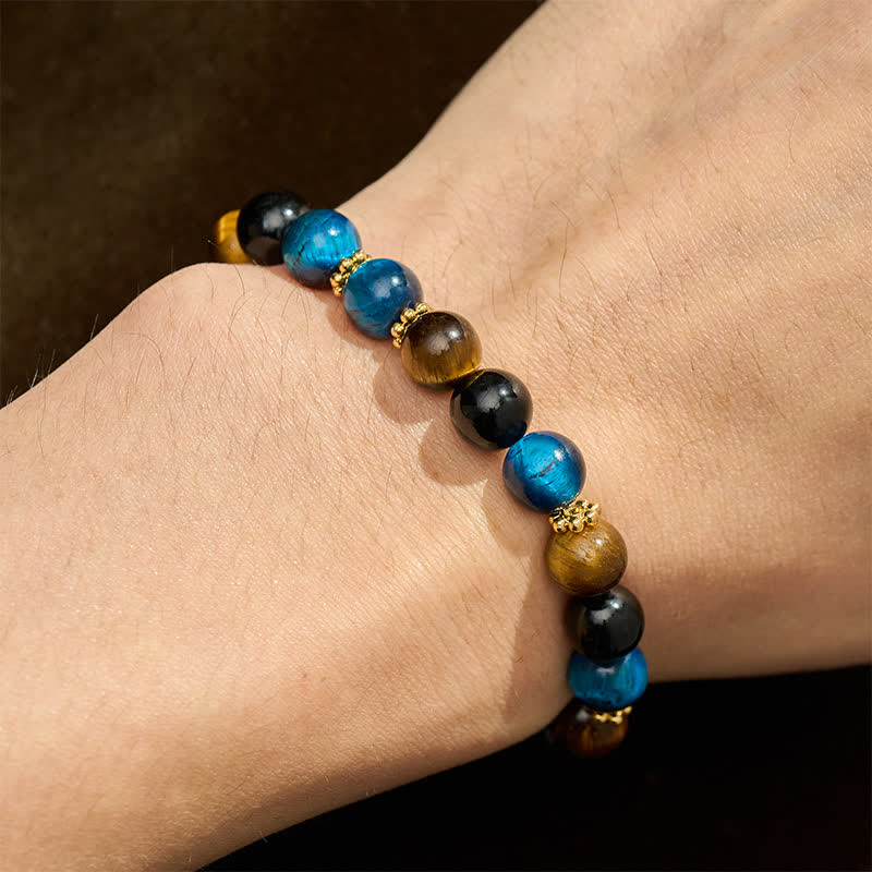 Buddha Stones Tiger Eye Blue Tiger's Eye Black Obsidian Beads Courage Bracelet - image 4