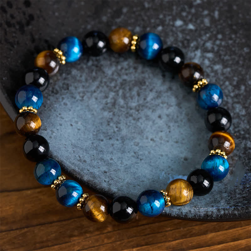 Buddha Stones Tiger Eye Blue Tiger's Eye Black Obsidian Beads Courage Bracelet - image 3