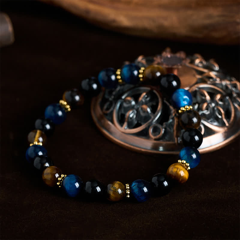 Buddha Stones Tiger Eye Blue Tiger's Eye Black Obsidian Beads Courage Bracelet - image 1