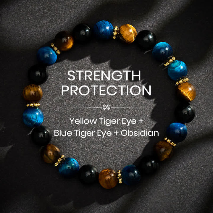 Buddha Stones Tiger Eye Blue Tiger's Eye Black Obsidian Beads Courage Bracelet - 8mm - image 0
