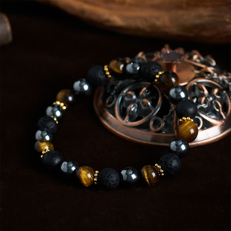 Buddha Stones Tiger Eye Lava Rock Hematite Beads Strength Bracelet - image 1