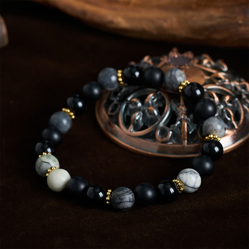 Buddha Stones Frosted Stone Black Obsidian Grey Jasper Beads Activate Bracelet - image 1