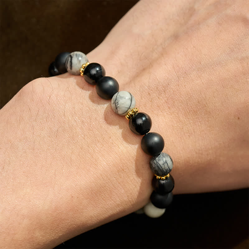 Buddha Stones Frosted Stone Black Obsidian Grey Jasper Beads Activate Bracelet - image 4