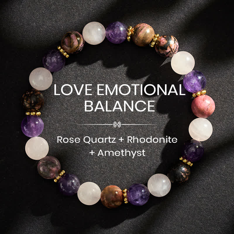 Buddha Stones Rose Quartz Rhodonite Amethyst Beads Peace Bracelet - 8mm - image 0