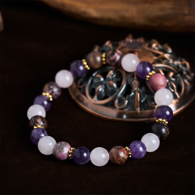 Buddha Stones Rose Quartz Rhodonite Amethyst Beads Peace Bracelet - image 1