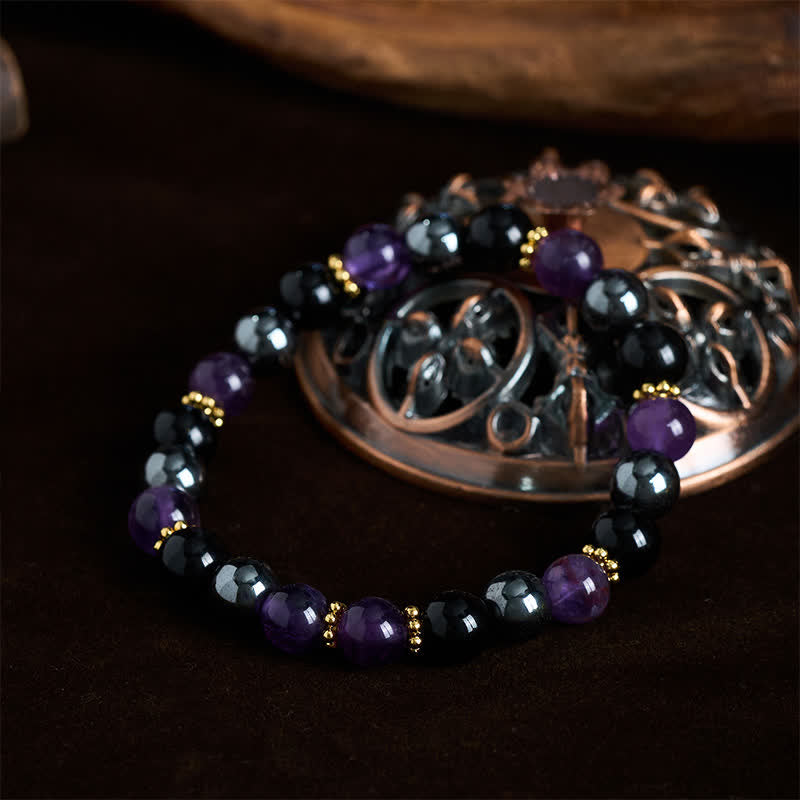 Buddha Stones Amethyst Black Obsidian Hematite Beads Meditation Bracelet - image 1