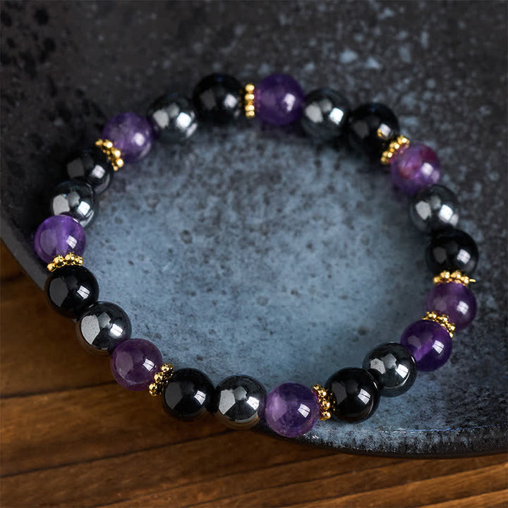 Buddha Stones Amethyst Black Obsidian Hematite Beads Meditation Bracelet - image 3