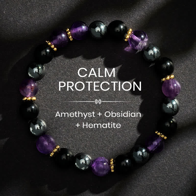 Buddha Stones Amethyst Black Obsidian Hematite Beads Meditation Bracelet - 8mm - image 0