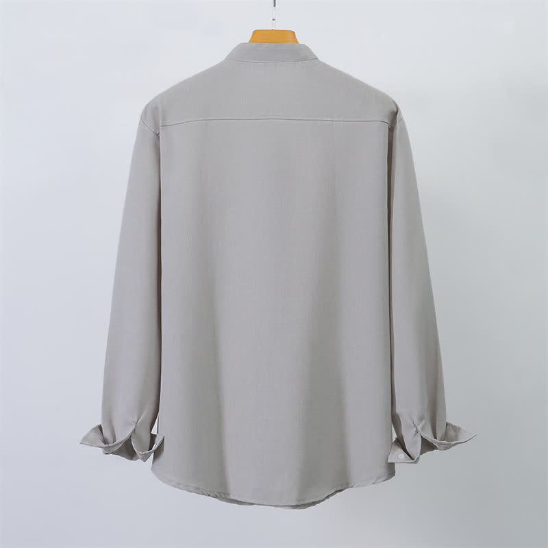 Buddha Stones Fall Tang Style Casual Mandarin Collar Button-Up Solid Men's Long Sleeve Shirts - image 11