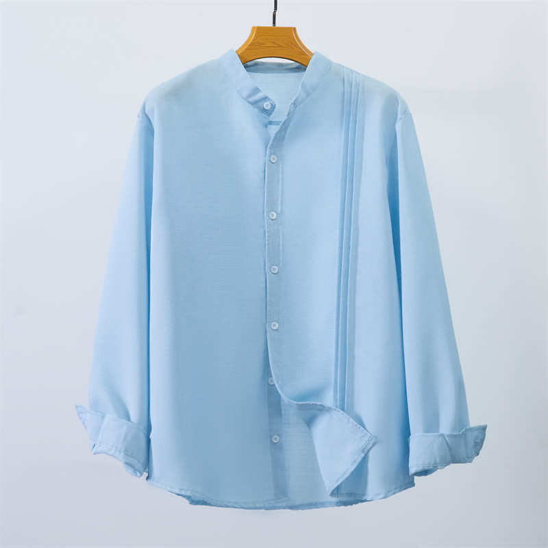 Buddha Stones Fall Tang Style Casual Mandarin Collar Button-Up Solid Men's Long Sleeve Shirts - image 1