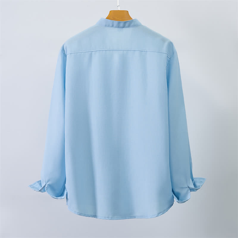 Buddha Stones Fall Tang Style Casual Mandarin Collar Button-Up Solid Men's Long Sleeve Shirts - image 2