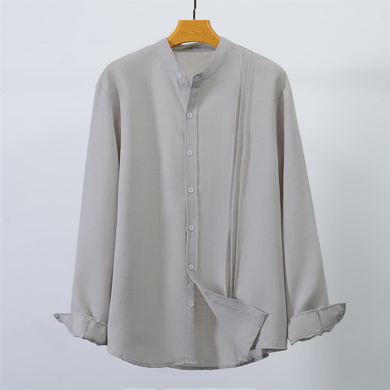 Buddha Stones Fall Tang Style Casual Mandarin Collar Button-Up Solid Men's Long Sleeve Shirts - image 10