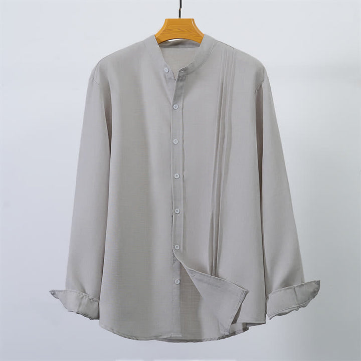 Buddha Stones Fall Tang Style Casual Mandarin Collar Button-Up Solid Men's Long Sleeve Shirts - image 10