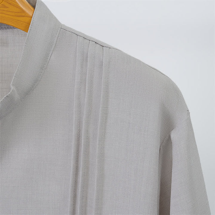 Buddha Stones Fall Tang Style Casual Mandarin Collar Button-Up Solid Men's Long Sleeve Shirts - image 13