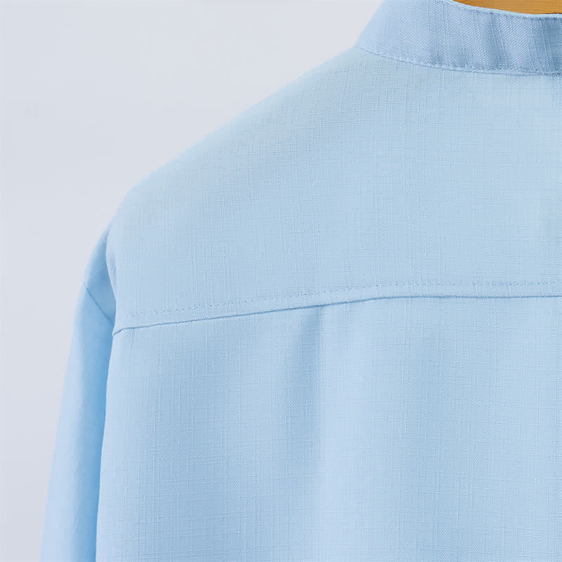 Buddha Stones Fall Tang Style Casual Mandarin Collar Button-Up Solid Men's Long Sleeve Shirts - image 8