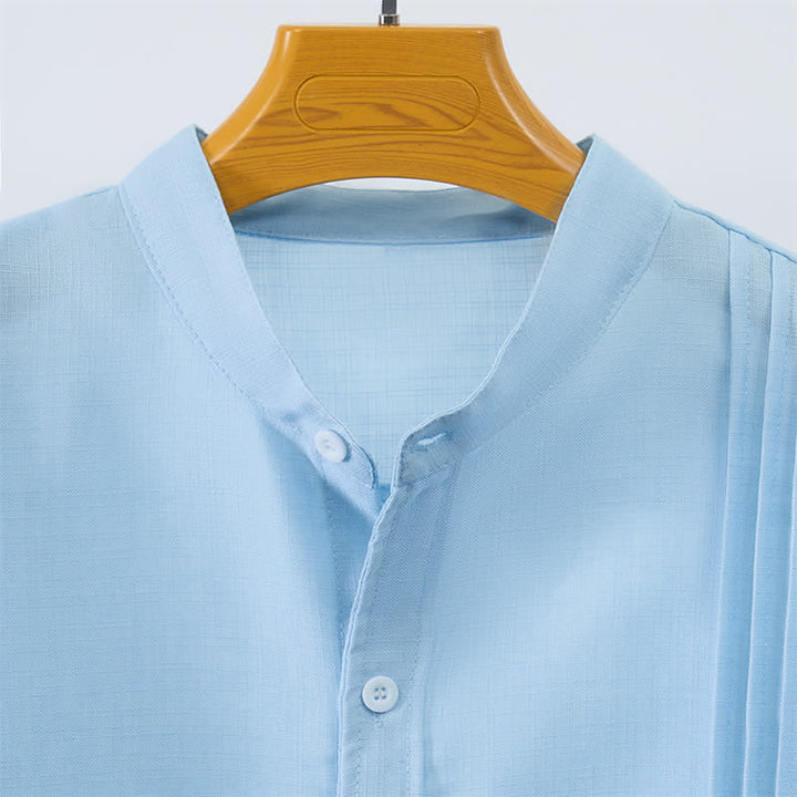 Buddha Stones Fall Tang Style Casual Mandarin Collar Button-Up Solid Men's Long Sleeve Shirts - image 3