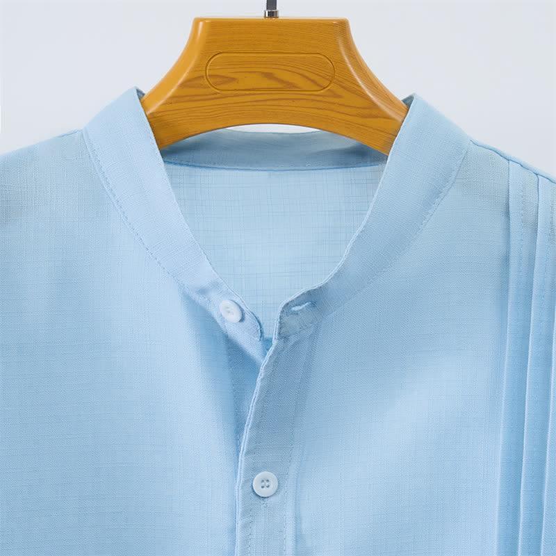 Buddha Stones Fall Tang Style Casual Mandarin Collar Button-Up Solid Men's Long Sleeve Shirts - image 2
