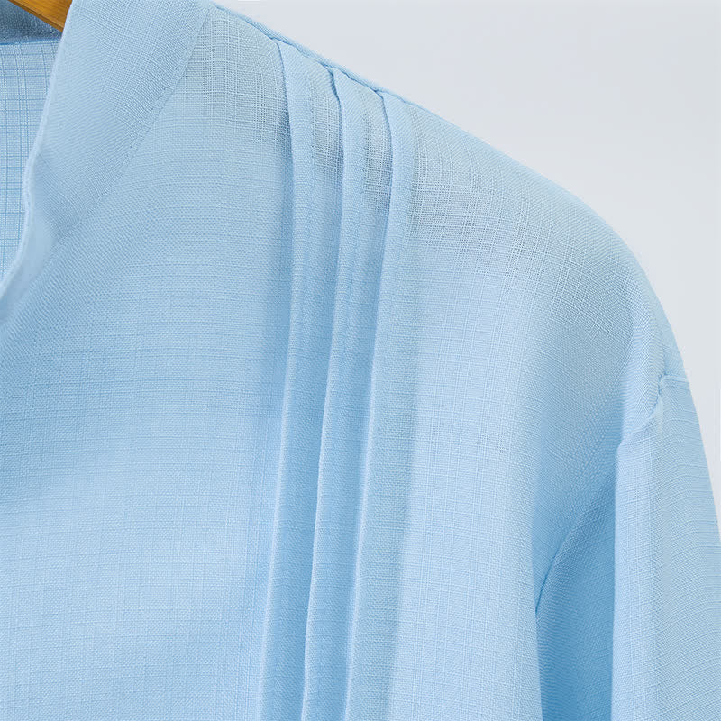 Buddha Stones Fall Tang Style Casual Mandarin Collar Button-Up Solid Men's Long Sleeve Shirts - image 3