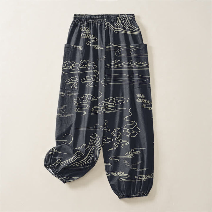 Buddha Stones Cotton Oriental Mountain Cloud Pattern Women's Elastic Waist Harem Pants With Side Pockets - image 3