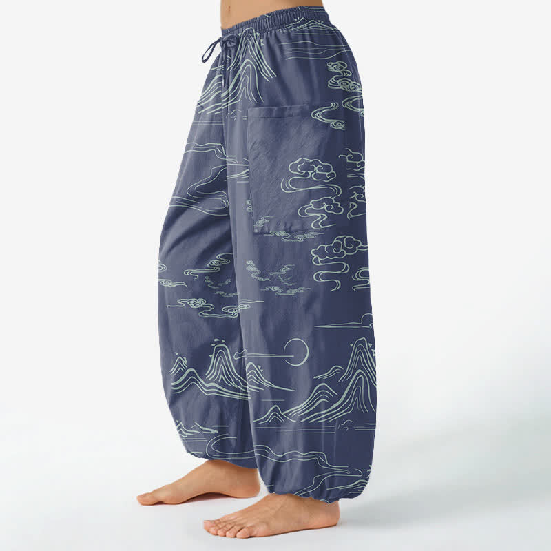 Buddha Stones Cotton Oriental Mountain Cloud Pattern Women's Elastic Waist Harem Pants With Side Pockets - image 11