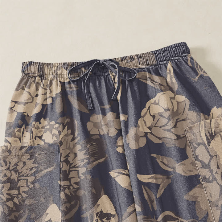Buddha Stones Cotton Vintage Peony Chrysanthemum Floral Pattern Women's Elastic Waist Harem Pants With Side Pockets - image 5