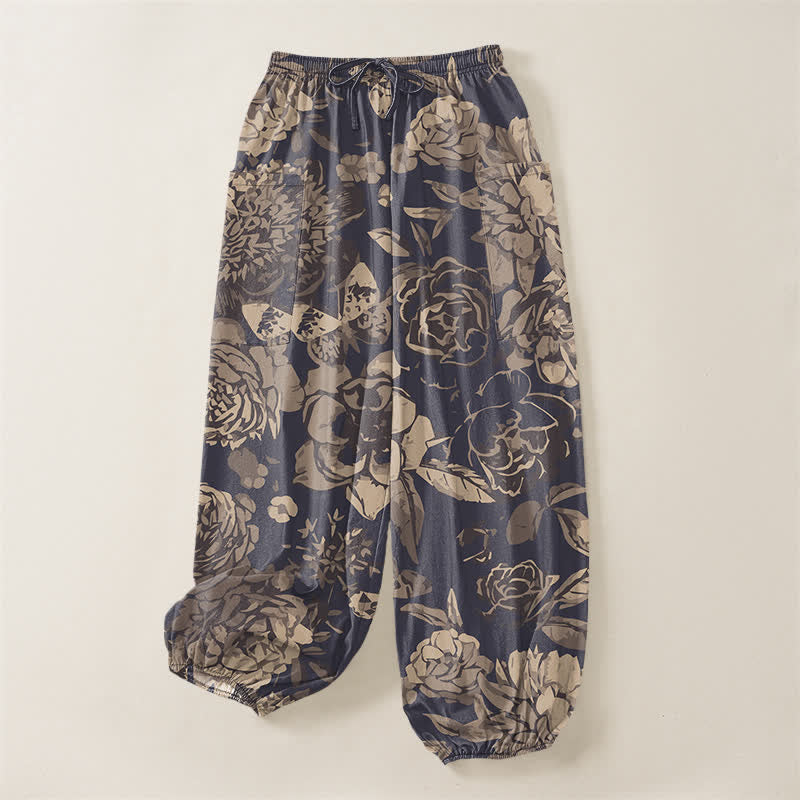 Buddha Stones Cotton Vintage Peony Chrysanthemum Floral Pattern Women's Elastic Waist Harem Pants With Side Pockets - image 3