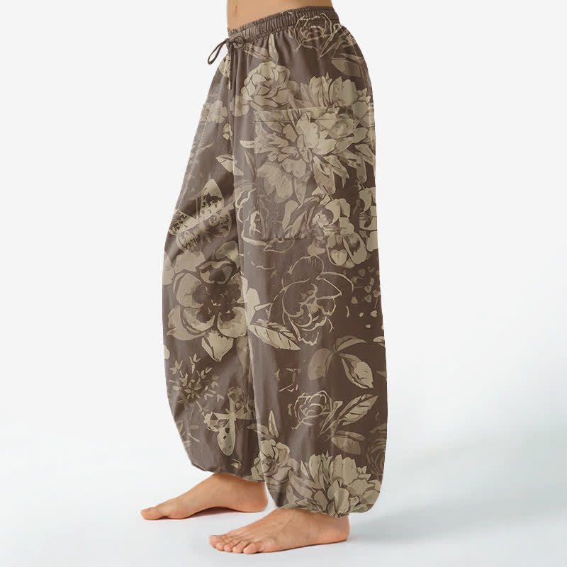 Buddha Stones Cotton Vintage Peony Chrysanthemum Floral Pattern Women's Elastic Waist Harem Pants With Side Pockets - image 8
