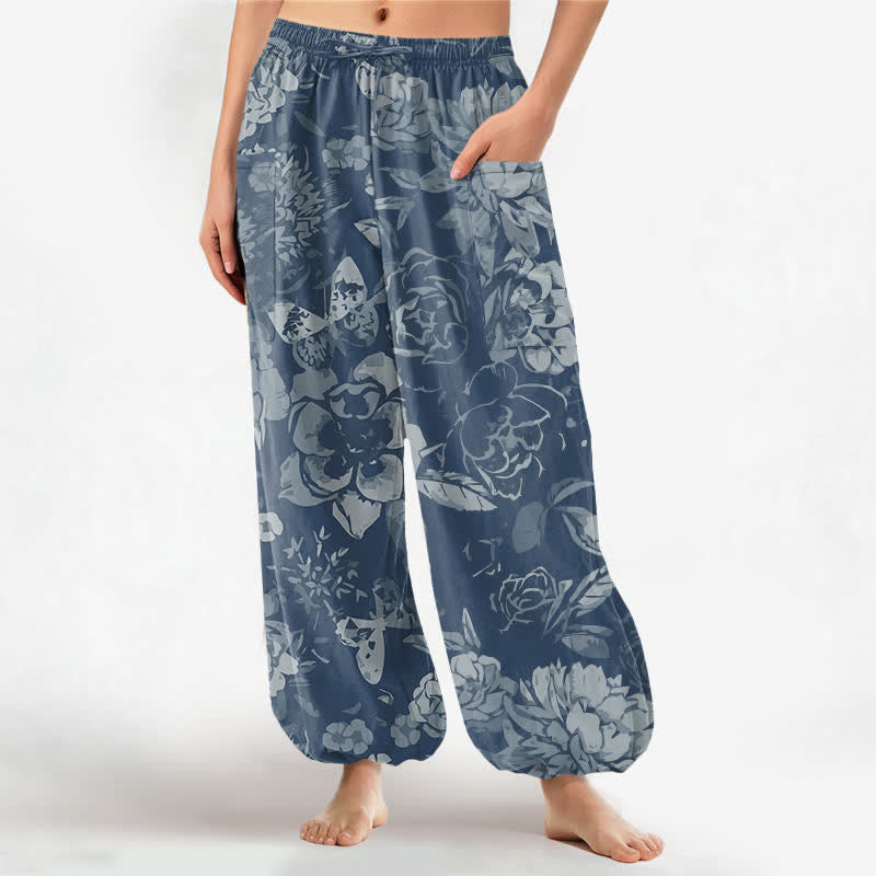 Buddha Stones Cotton Vintage Peony Chrysanthemum Floral Pattern Women's Elastic Waist Harem Pants With Side Pockets - SteelBlue - US16，UK/AU20，EU48 (3XL) - image 10
