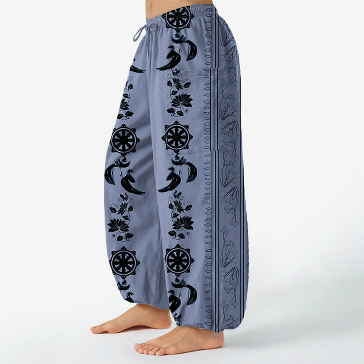 Buddha Stones Cotton Bohemian Dharma Wheel Lotus OM Stripe Pattern Women's Elastic Waist Harem Pants With Side Pockets - image 1