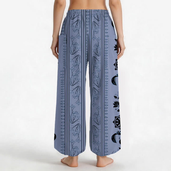 Buddha Stones Cotton Bohemian Dharma Wheel Lotus OM Stripe Pattern Women's Elastic Waist Harem Pants With Side Pockets - image 2