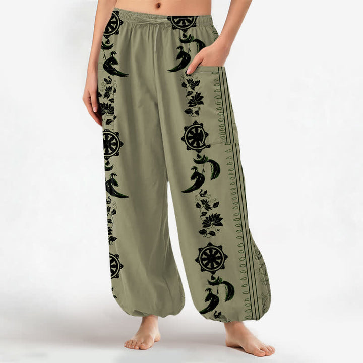 Buddha Stones Cotton Bohemian Dharma Wheel Lotus OM Stripe Pattern Women's Elastic Waist Harem Pants With Side Pockets - OliveDrab - US16，UK/AU20，EU48 (3XL) - image 10