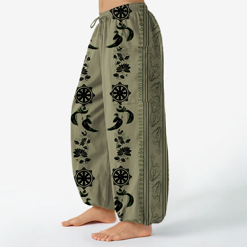Buddha Stones Cotton Bohemian Dharma Wheel Lotus OM Stripe Pattern Women's Elastic Waist Harem Pants With Side Pockets - image 11