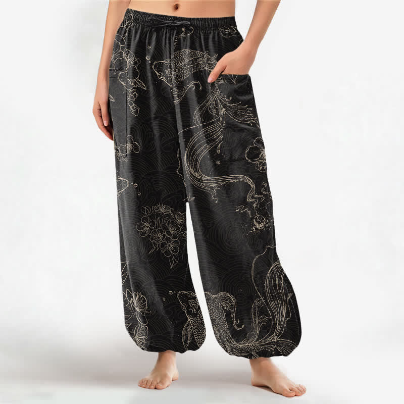 Buddha Stones Cotton Koi Fish Floral Pattern Women's Elastic Waist Harem Pants With Side Pockets - Black - US16，UK/AU20，EU48 (3XL) - image 0