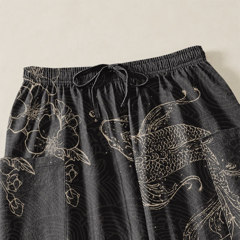 Buddha Stones Cotton Koi Fish Floral Pattern Women's Elastic Waist Harem Pants With Side Pockets - image 5