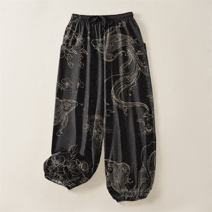 Buddha Stones Cotton Koi Fish Floral Pattern Women's Elastic Waist Harem Pants With Side Pockets - image 3