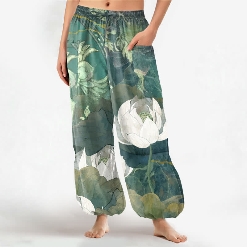 Buddha Stones Cotton White Lotus Leaf Pattern Women's Elastic Waist Harem Pants With Side Pockets - SeaGreen - US16，UK/AU20，EU48 (3XL) - image 0
