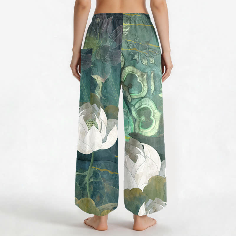 Buddha Stones Cotton White Lotus Leaf Pattern Women's Elastic Waist Harem Pants With Side Pockets - image 2
