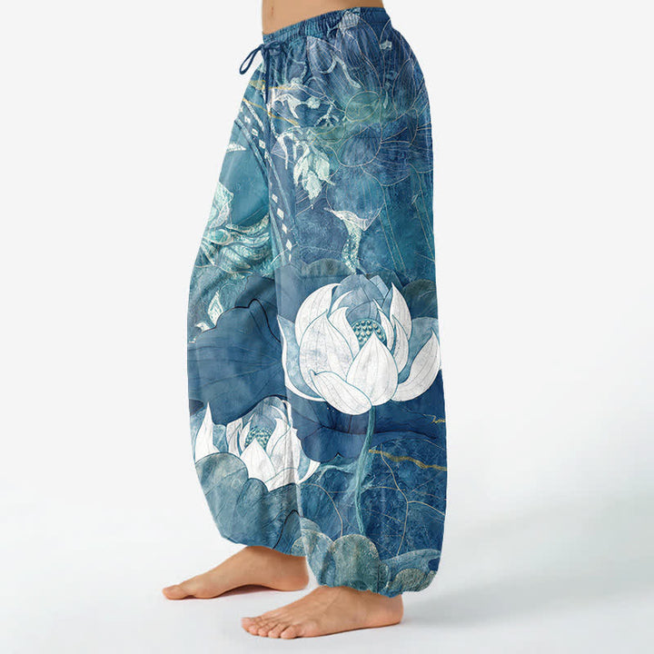 Buddha Stones Cotton White Lotus Leaf Pattern Women's Elastic Waist Harem Pants With Side Pockets - image 8