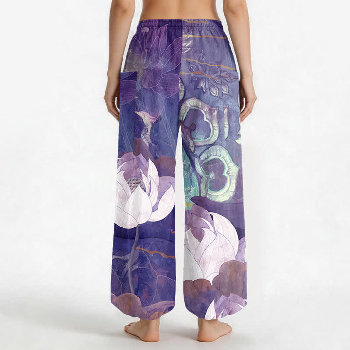 Buddha Stones Cotton White Lotus Leaf Pattern Women's Elastic Waist Harem Pants With Side Pockets - image 12