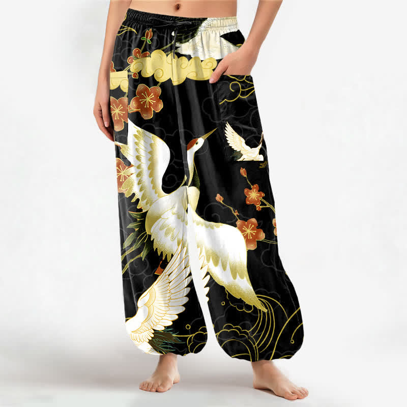 Buddha Stones Cotton Oriental Crane Blossom Cloud Pattern Women's Elastic Waist Harem Pants With Side Pockets - Black - US16，UK/AU20，EU48 (3XL) - image 0